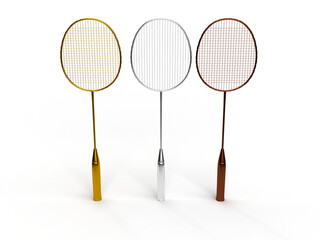 Gold, silver and bronze racket of the badmint competition for winning the match. Diploma idea. 3d rendering.
