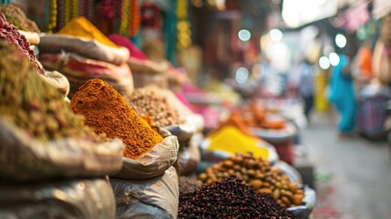 The photo shows a vibrant spice market with various spices and ingredients on display AIG535