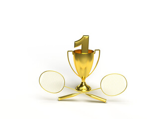 Gold trophy with racket cup for badmint competitions for taking 1st place. Diploma idea. 3d rendering.