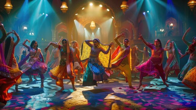 Experience the vibrant energy of a Bollywood dance show with traditional attire and colorful decor AIG58