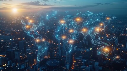 Fototapeta premium A glowing blue world map made of tiny lights.