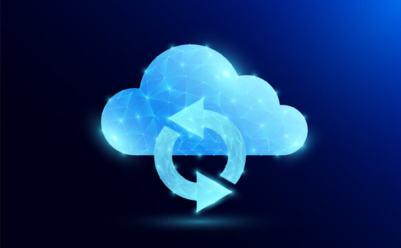 Cloud with arrows rotate circles polygonal futuristic glowing. Storage space symbol and data connection network multiple devices. Smart wireless networking digital technology innovation. Vector EPS10.