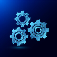 Gears or cogwheels polygonal futuristic glowing. Effective workflow of organization. Teamwork, collaboration. Mechanical technology machine engineering industry symbol. Vector.