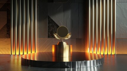 A golden trophy awaits on a sleek podium under warm lights