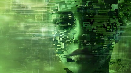 A woman's face is shown in a greenish-blue color. The face is made up of many small squares, giving it a pixelated appearance. The image has a futuristic and somewhat eerie feel to it