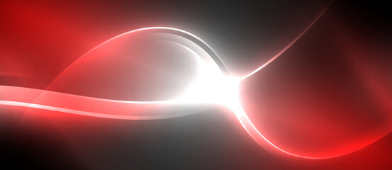 Neon glowing circle rays, light round lines in the dark, planet style neon wave lines. Energetic electric concept design for wallpaper, banner, background