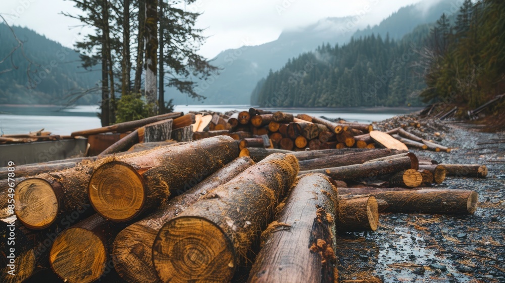 Poster Tree logs piled in an exposed area