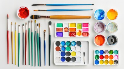 Watercolor painting supplies on white background in top view