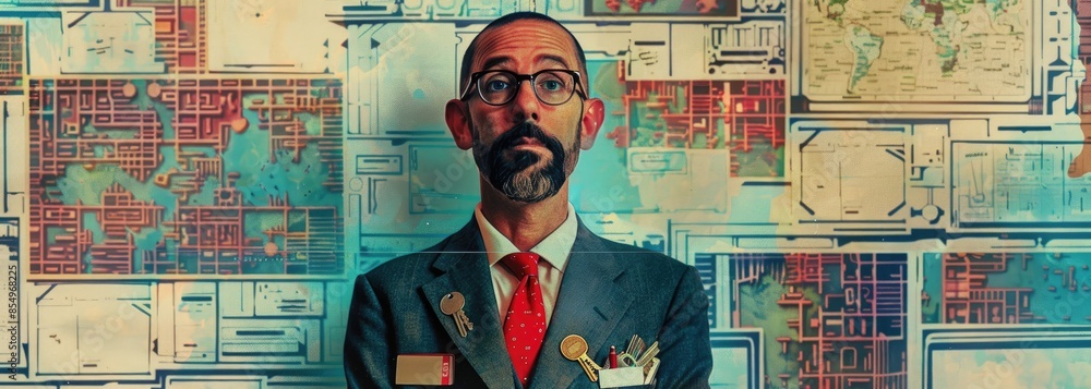 Poster the image shows a man in a suit and tie standing in front of a wall of colorful graphs and charts
