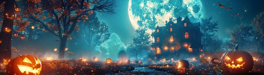 Naklejka premium Capture the enchanting mystique of Halloween night with a haunted house silhouetted against a luminous full moon, surrounded by glowing pumpkins
