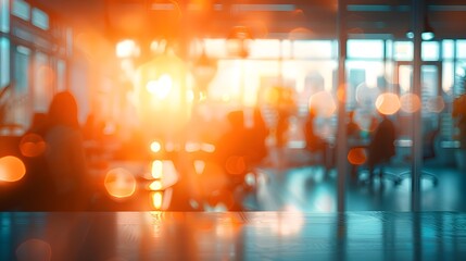 Blurred background of business people in an office meeting room with a bokeh effect and sunlight, creating an abstract or blurry stock photo template for various commercial uses.