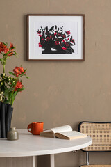 Interior design of minimalist beige dining room with mock up poster,  table, stylish chairs, flowers in vase, pendant lamp, decorations and personal accessories. Template.