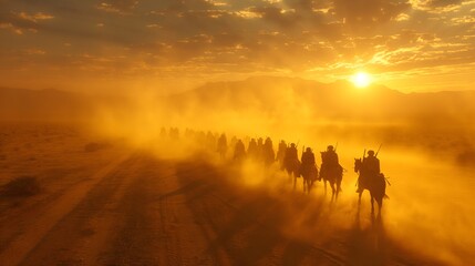 Fototapeta premium Cavalry procession in golden desert sunset