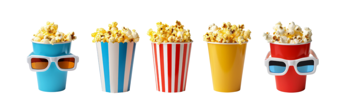 Classic Popcorn Bucket, 3D Glasses, Movie Ticket Stub on White Background