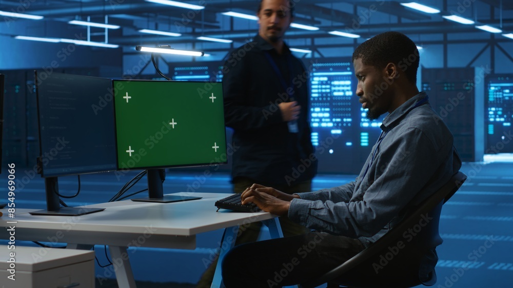 Poster technician upgrading equipment in data center using isolated screen display. professional at pc desk