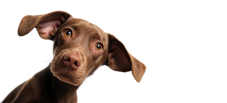 Curious brown dog with large floppy ears and tilted head isolated on white background, engaging pet portrait for advertising