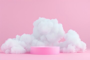 Pink podium stage with cloud background, geometric design, dreamy smoke, ideal for beauty display, 