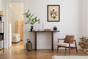 Cozy and stylish interior of living room with mock up poster frame, wooden console, flowers in vase, decorations and personal accessories. Modern home decor. Template.