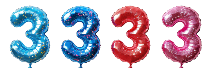 Vibrant Set of 3 Balloon Numbers 3 Balloon on White Background