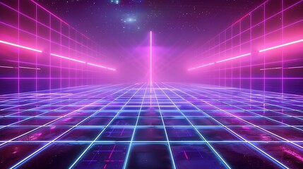 Fototapeta premium futuristic, abstract, illustration, design, laser, night, technology, blue, bright, vector, background, galaxy, glowing, poster, template, sky, nostalgia, purple, light, striped, geometric, 1980, retr