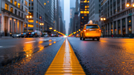 A yellow taxi is driving down a city street with a yellow line on the road