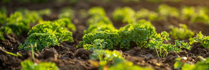 A plantation hosts parsley fields, where the herb grows in dense, verdant clusters, showcasing its vibrant greenery and suitability for culinary uses, banner