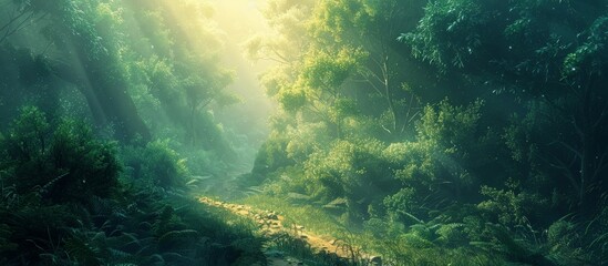 Obraz premium A serene forest scene with a sunlit pathway surrounded by dense green foliage and sun rays filtering through the trees.