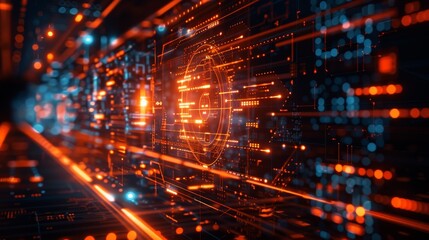 Obraz premium A high-tech digital interface with vibrant orange and blue lights, representing advanced technology and futuristic concepts.