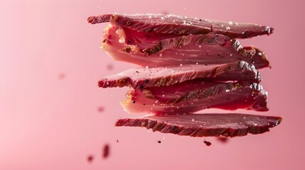 Fototapeta premium Perfectly Seared Sliced Beef Steak on Fiery Red Background