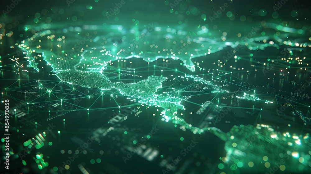 Poster a green logistics network visualized as a digital map with strange, glowing pathways