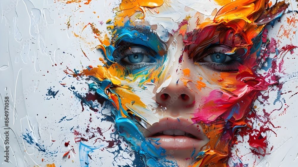 Poster vibrant expression of facial features in colorful abstract composition