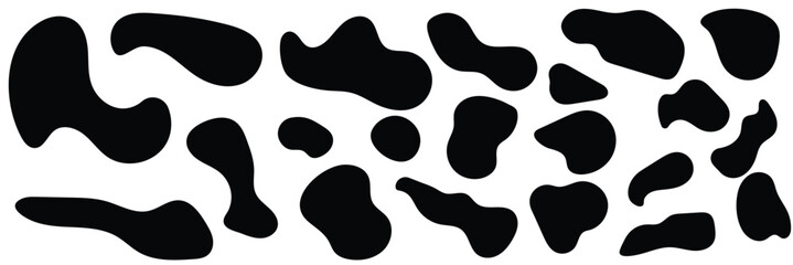 Blob shape organic set. Random black cube drops simple shapes. Pebble, inkblot, drops and stone silhouettes. Collection of paint liquid black blotch spot irregular form