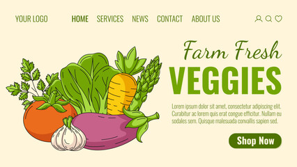 Farm fresh organic vegetables. Order natural veggies, eco products, healthy food home delivery. Landing page vector template for website, web, grocery, online store, farmers market.