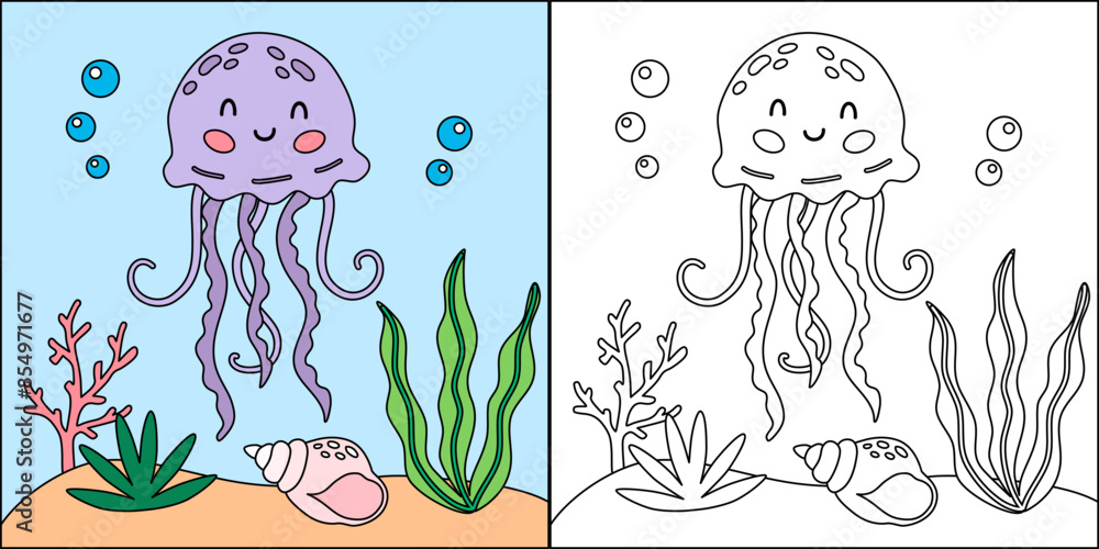 Wall mural Cute cartoon jellyfish character. Undersea, marine life illustration. Sea animals coloring pages isolated on white background.