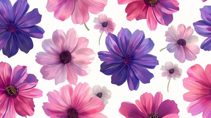 Fototapeta premium A seamless pattern featuring vibrant pink and purple cosmos flowers on a white background, perfect for textiles, wallpapers, and digital designs.
