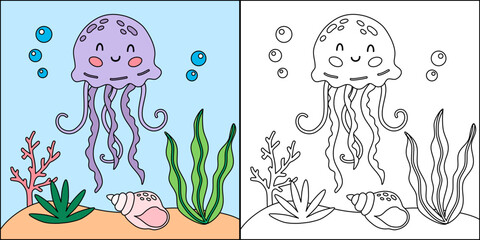 Cute cartoon jellyfish character. Undersea, marine life illustration. Sea animals coloring pages isolated on white background. © AnaRisyet