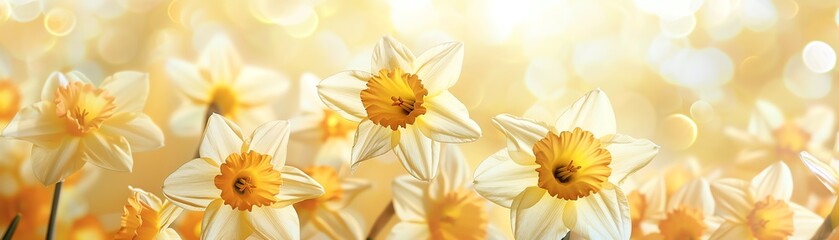 Fototapeta premium Daffodil backdrop clipart with daffodils scattered across a background