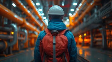 A man wearing a white helmet and a red backpack is standing in a large, empty room. a flaw detector in a bright blue jacket and a white helmet stands with his back to full height