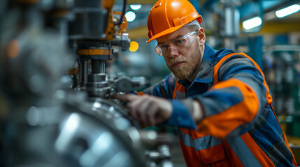 A man in a blue jacket and orange helmet is working on a machine. He is wearing safety goggles and a hard hat. engineer adjusting machinery in factory