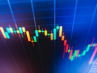 Closeup financial chart with candlestick graph in stock market on monitor background. stock exchange graph or stock market background.