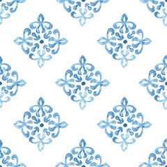 Seamless moroccan pattern. Square vintage tile. Blue and white watercolor ornament painted with paint on paper. Handmade. Print for textiles. Grunge texture.