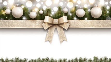 Elegant Christmas border with gold glitter bow, white ornaments, green pine branches, and festive lights.