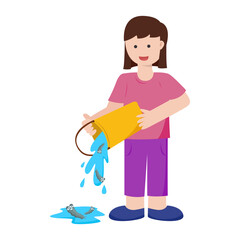 woman pour mosquito larva in water can. mosquito control concept