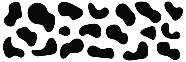 Blob shape organic set. Random black cube drops simple shapes. Pebble, inkblot, drops and stone silhouettes. Collection of paint liquid black blotch spot irregular form
