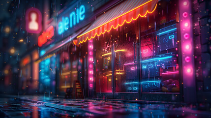 Obraz premium Neon-lit storefront in the rain, with vibrant reflections on the wet pavement and a cozy urban atmosphere.