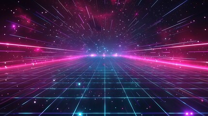 Obraz premium futuristic, abstract, illustration, design, laser, night, technology, blue, bright, vector, background, galaxy, glowing, poster, template, sky, nostalgia, purple, light, striped, geometric, 1980, retr