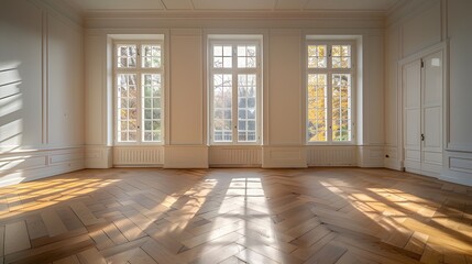 An empty room with three large windows and wooden floors, ideal for hanging art or photography. The room is well lit by natural light from the windows, creating a bright atmosphere.