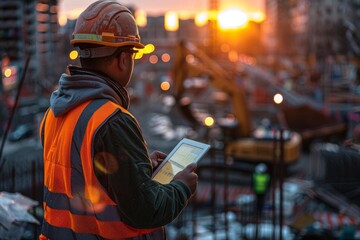 Construction worker using tablet at sunset on building site.