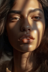 Close up portrait of woman with sunlight and shadows on her face. Artistic photography. Beauty and natural light concept