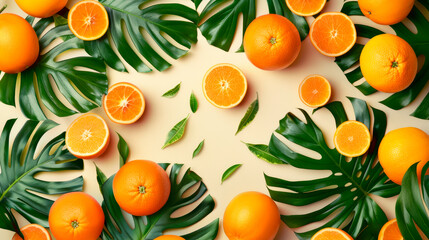 Obraz premium Composition with fresh orange fruits, tropical palm and monstera leaves on a table background.